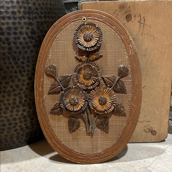 Other - vintage 1970s hand-carved coconut shell floral wall art plaque